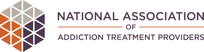 NAATP logo, hexagon of triangles, purple, orange and gray, National Association of Addiction Treatment Providers