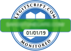 LegitScript badge example, blue circle with green bar containing site url and white box with date "LegitScript.com Monitored"