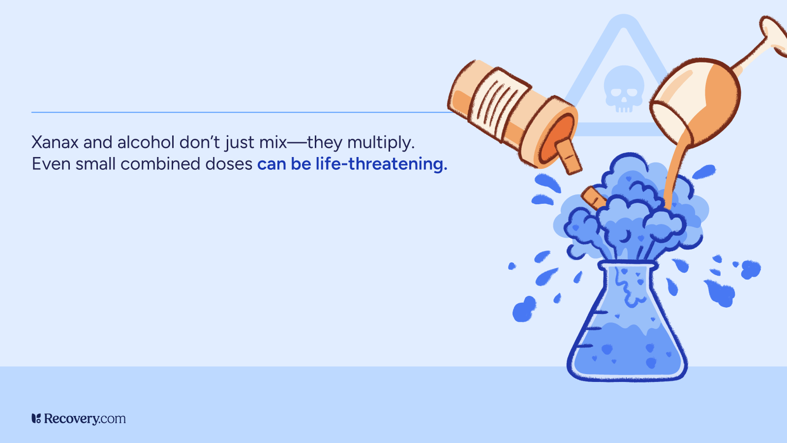 Illustration warning about the dangers of mixing Xanax and alcohol. A prescription bottle and liquor bottle pour into a bubbling beaker, symbolizing a dangerous chemical reaction. Text reads: 