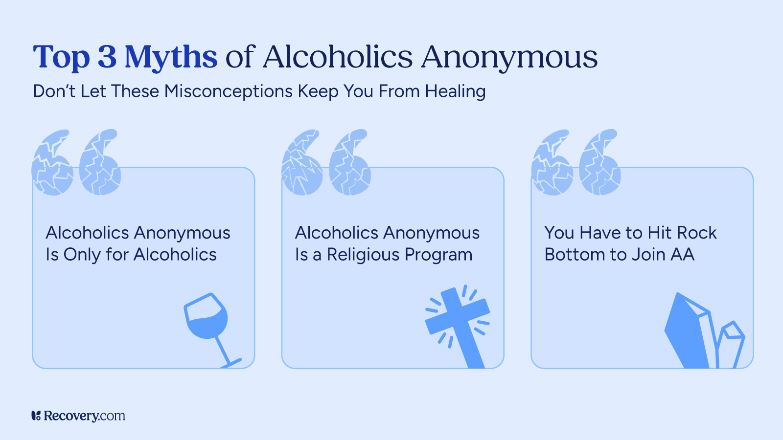 Infographic titled 'Top 3 Myths of Alcoholics Anonymous'. Myths listed are: 1. Alcoholics Anonymous Is Only for Alcoholics, 2. Alcoholics Anonymous Is a Religious Program, and 3. You Have to Hit Rock Bottom to Join AA. Visual icons include a tilted wine glass, a cross, and crystals, all set against a light blue background.