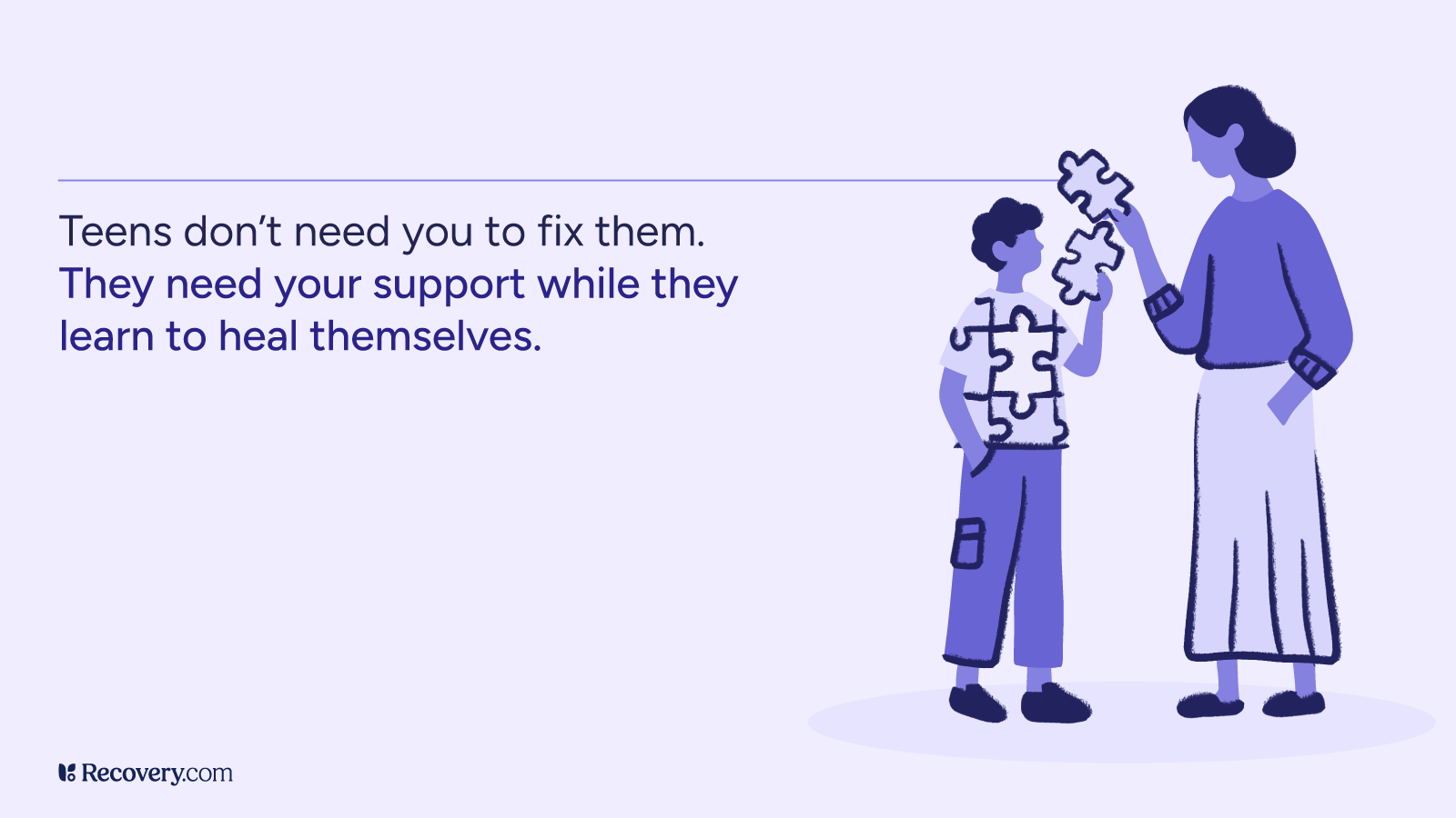 Illustration of a teen and adult exchanging puzzle pieces, symbolizing emotional support. The quote reads: “Teens don’t need you to fix them. They need your support while they learn to heal themselves.” The image promotes mental health awareness and highlights the importance of supportive relationships in teen healing.