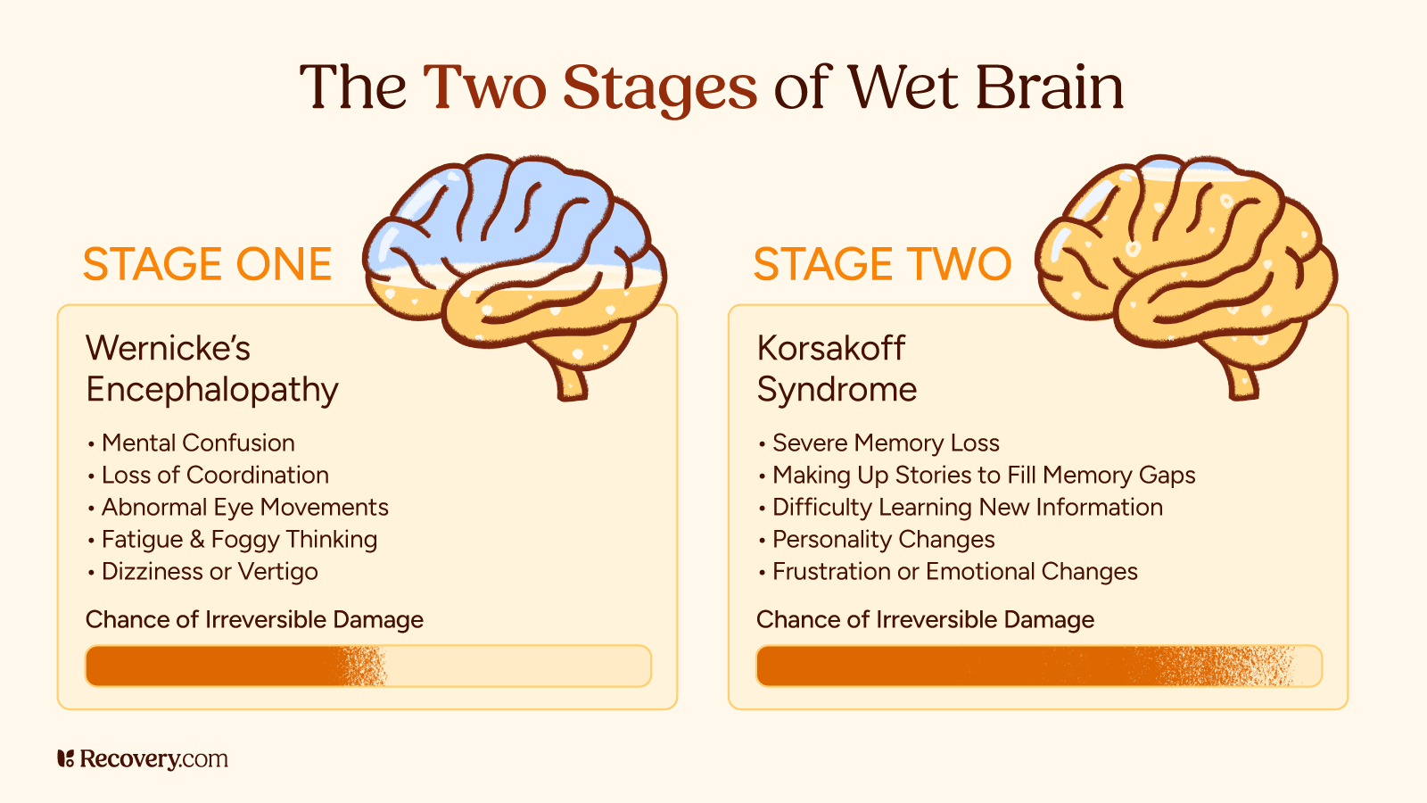 Infographic titled “The Two Stages of Wet Brain” showing Stage One: Wernicke’s Encephalopathy with symptoms like confusion, coordination loss, eye movement issues, and dizziness; and Stage Two: Korsakoff Syndrome with severe memory loss, personality changes, and emotional issues. Includes illustrations of brains and a visual bar indicating increasing chances of irreversible damage.