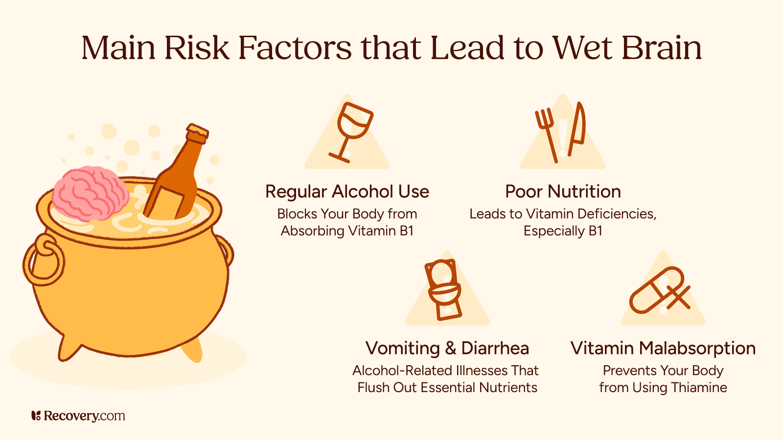 Infographic titled “Main Risk Factors that Lead to Wet Brain” with illustrations of a brain in a cauldron with alcohol and icons for risk factors: regular alcohol use, poor nutrition, vomiting and diarrhea, and vitamin malabsorption—each linked to vitamin B1 deficiency.