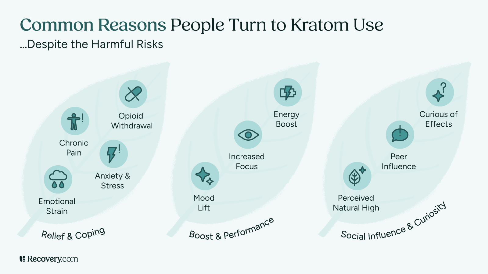 Infographic titled 'Common Reasons People Turn to Kratom Use… Despite the Harmful Risks' showing three categories of motivation: Relief & Coping (chronic pain, opioid withdrawal, anxiety and stress, emotional strain), Boost & Performance (increased focus, energy boost, mood lift), and Social Influence & Curiosity (peer influence, curiosity about effects, perceived natural high). Each reason is represented with an icon inside a leaf shape.