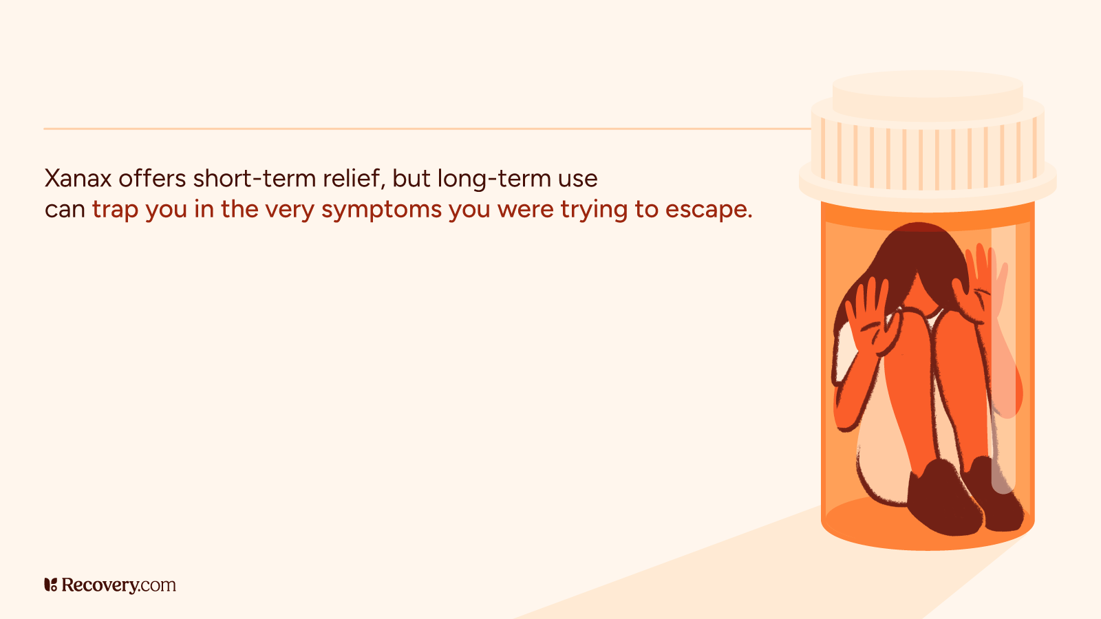 Illustration of a person trapped inside a prescription pill bottle, symbolizing Xanax dependency. Text reads: 'Xanax offers short-term relief, but long-term use can trap you in the very symptoms you were trying to escape.'