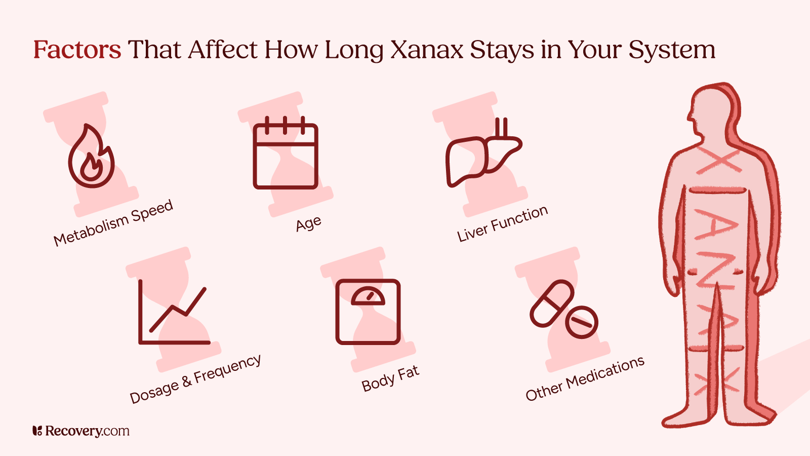 Illustration of factors that affect how long Xanax stays in the body, including metabolism speed, age, liver function, dosage and frequency, body fat, and use of other medications, shown alongside a human figure marked with 