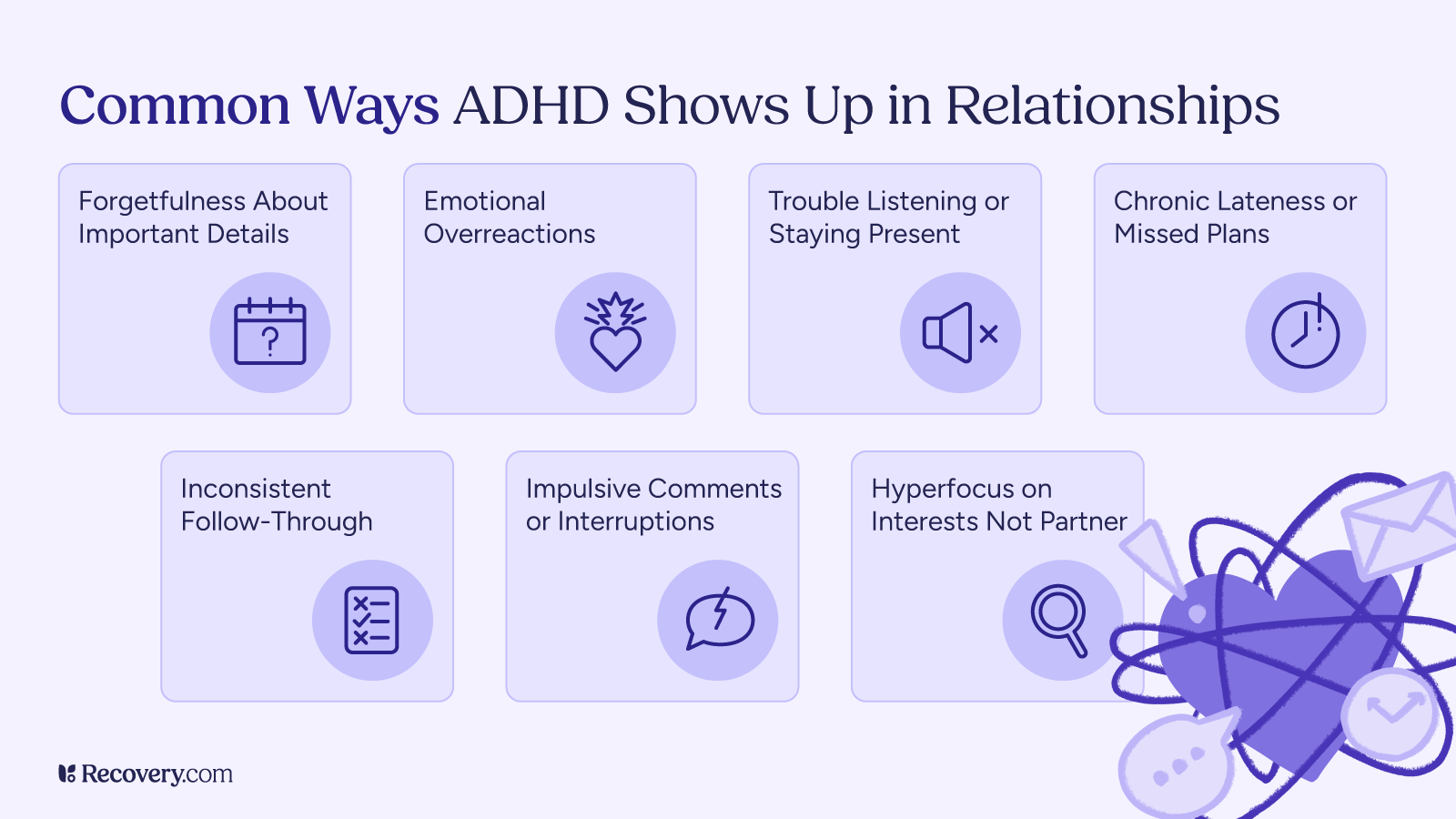 Infographic titled “Common Ways ADHD Shows Up in Relationships,” featuring eight examples: forgetfulness about details, emotional overreactions, trouble listening or staying present, chronic lateness, inconsistent follow-through, impulsive comments, and hyperfocus on personal interests over the partner.