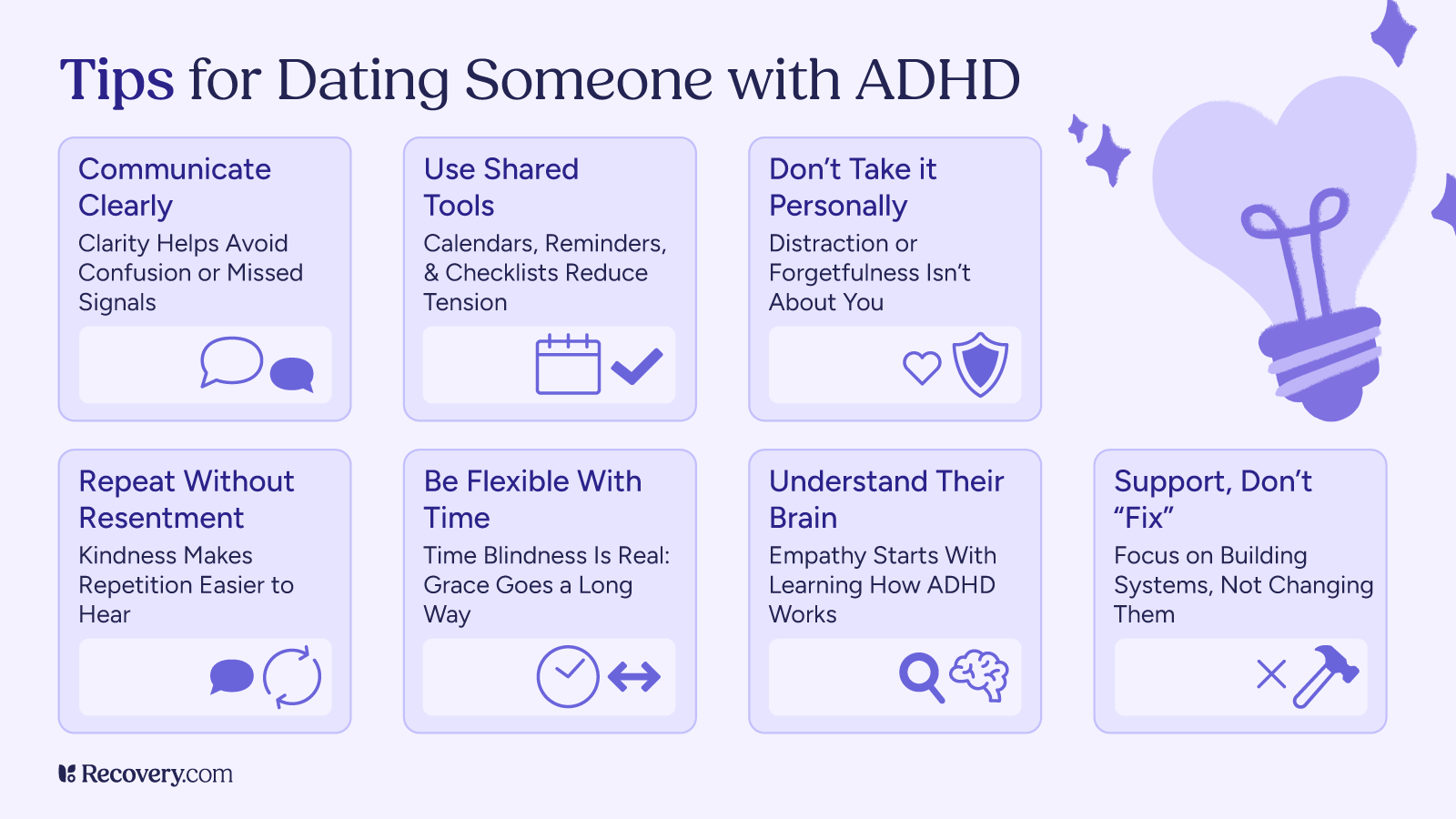 Infographic titled “Tips for Dating Someone with ADHD,” featuring eight relationship tips: communicate clearly, use shared tools, don’t take it personally, repeat without resentment, be flexible with time, understand their brain, and support rather than fix. Each tip includes a matching icon and is presented in a light purple design.