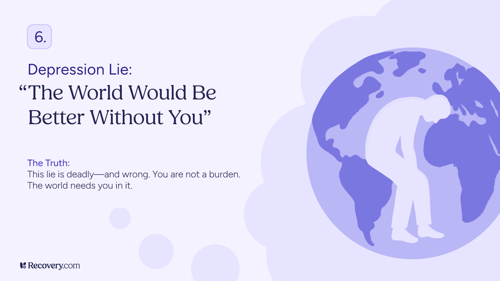 I Interviewed 300 People About Their Depression—Here Are the 6 Most Common Lies It Tells People 6 Mental health awareness image from Recovery.com titled