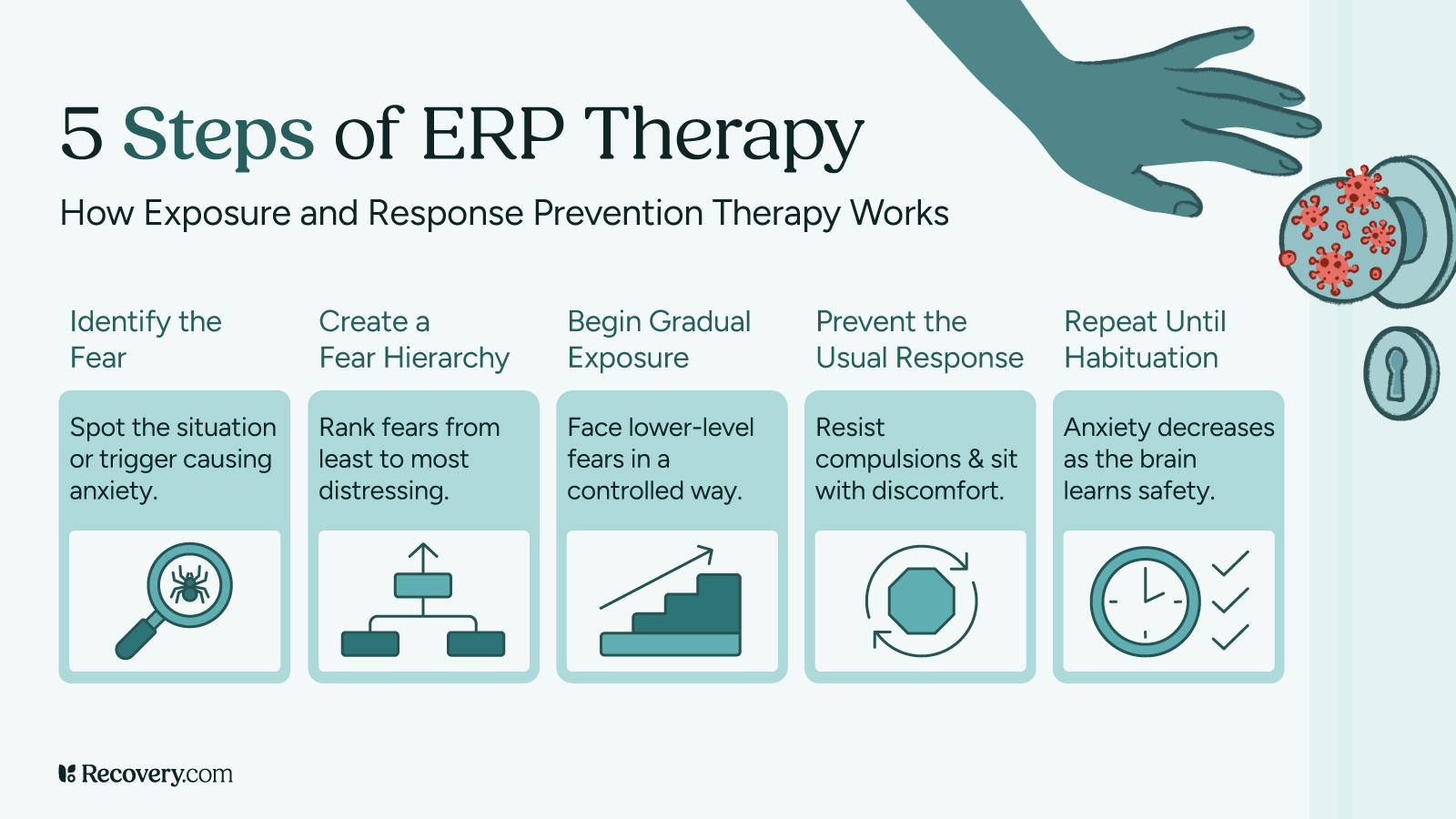 Infographic titled “5 Steps of ERP Therapy” showing how Exposure and Response Prevention Therapy works. Steps include: identify the fear, create a fear hierarchy, begin gradual exposure, prevent the usual response, and repeat until habituation. Visuals include icons of a brain, fear ladder, exposure ramp, cycle-breaking symbol, and clock.