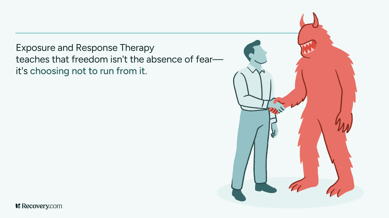 Illustration of a man calmly shaking hands with a red monster, symbolizing fear, alongside the quote: 