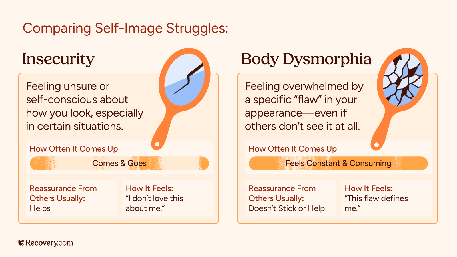 Mental health infographic displaying signs of body dysmorphia including fixation on flaws, mirror checking, hiding with clothes, rejecting compliments, avoiding photos, constant comparison, repetitive grooming, and feeling ashamed