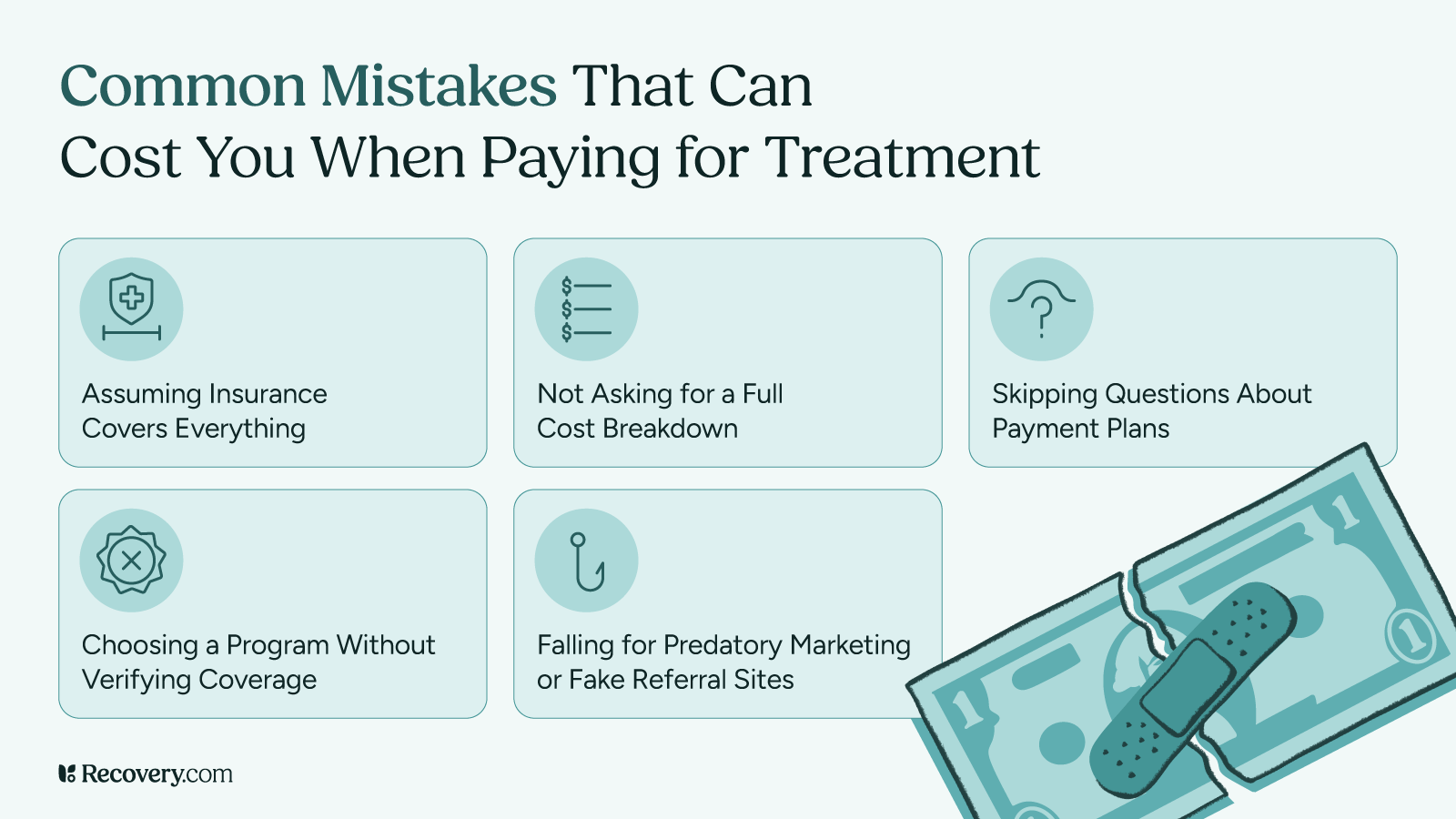 How Can I Pay for Treatment? 6 Ways to Afford Mental Health and Addiction Care 3 Graphic listing common mistakes people make when paying for addiction or mental health treatment, including assuming insurance covers everything, not asking for a cost breakdown, skipping questions about payment plans, and falling for predatory marketing.
