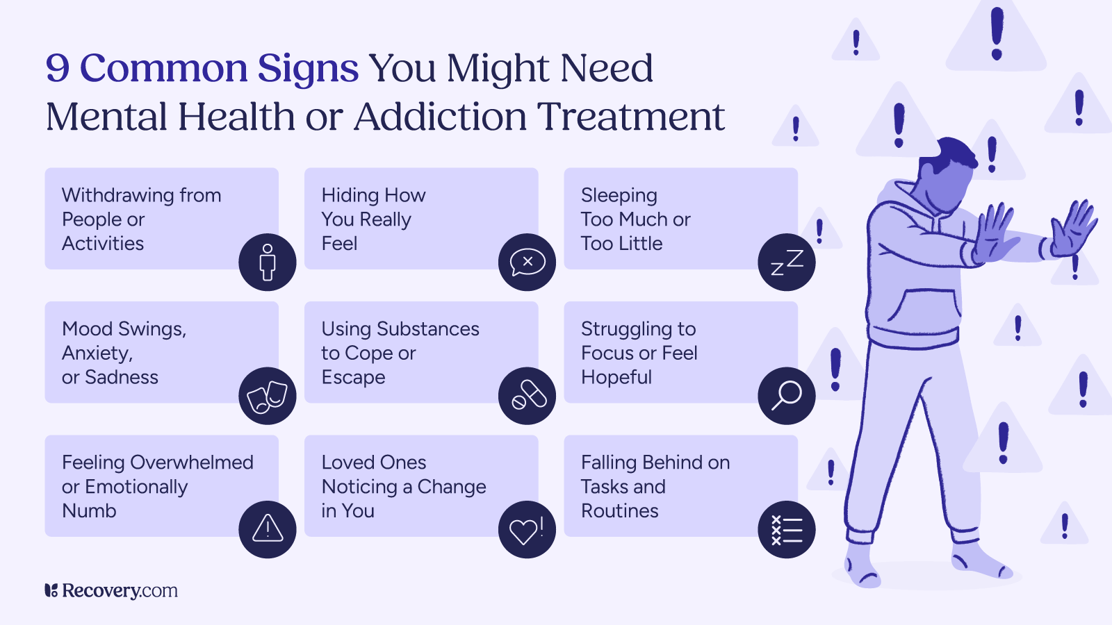 How Do I Know if I Need Mental Health and Addiction Treatment? 2 Infographic showing 9 common signs you might need mental health or addiction treatment, displayed in a 3x3 grid with icons. Signs include: withdrawing from people or activities, hiding how you really feel, sleeping too much or too little, mood swings/anxiety/sadness, using substances to cope or escape, struggling to focus or feel hopeful, feeling overwhelmed or emotionally numb, loved ones noticing a change in you, and falling behind on tasks and routines. Illustration of a concerned person appears on the right side with exclamation points around them.