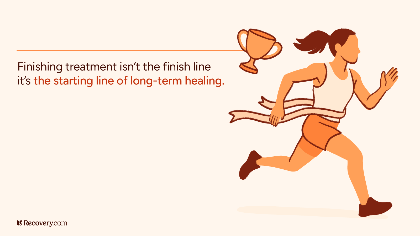 Illustration of a woman crossing a finish line ribbon with a trophy icon and motivational quote that reads, 