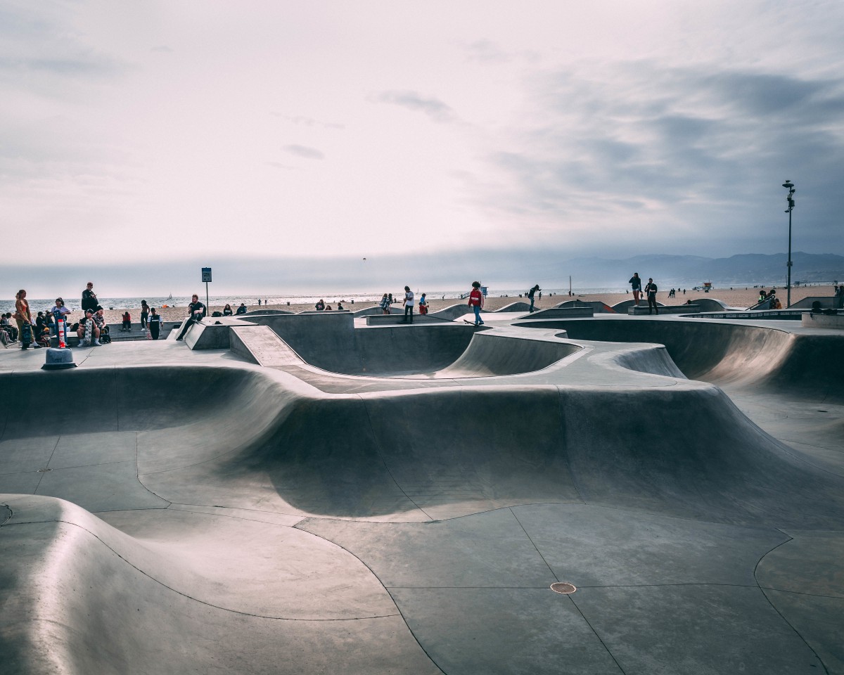 The venice skate park is one of the only skate parks in the world with a beach next to it