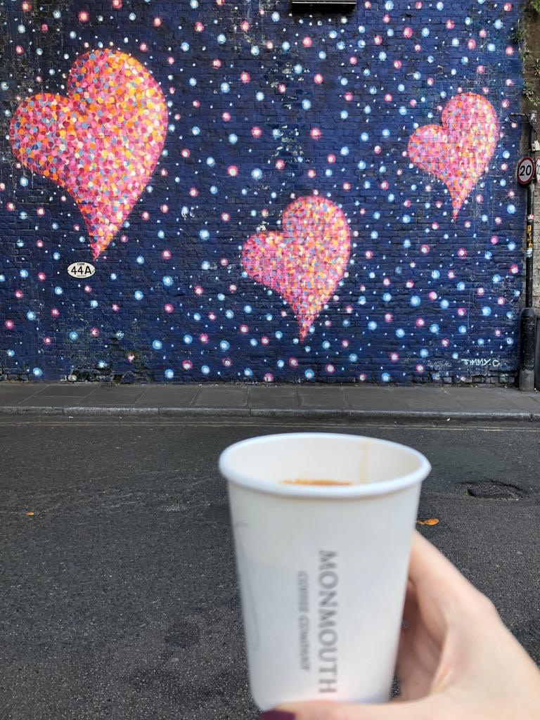 Just a short walk from the market is one of my FAVE coffee houses called Monmouth coffee. Grab one to go whilst you walk around. (I thought the heart background was very apt!)