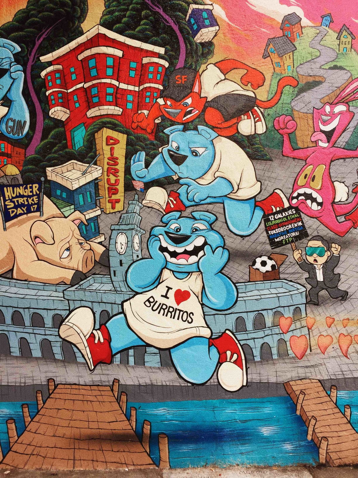 The street art often portrays modern themes and issues