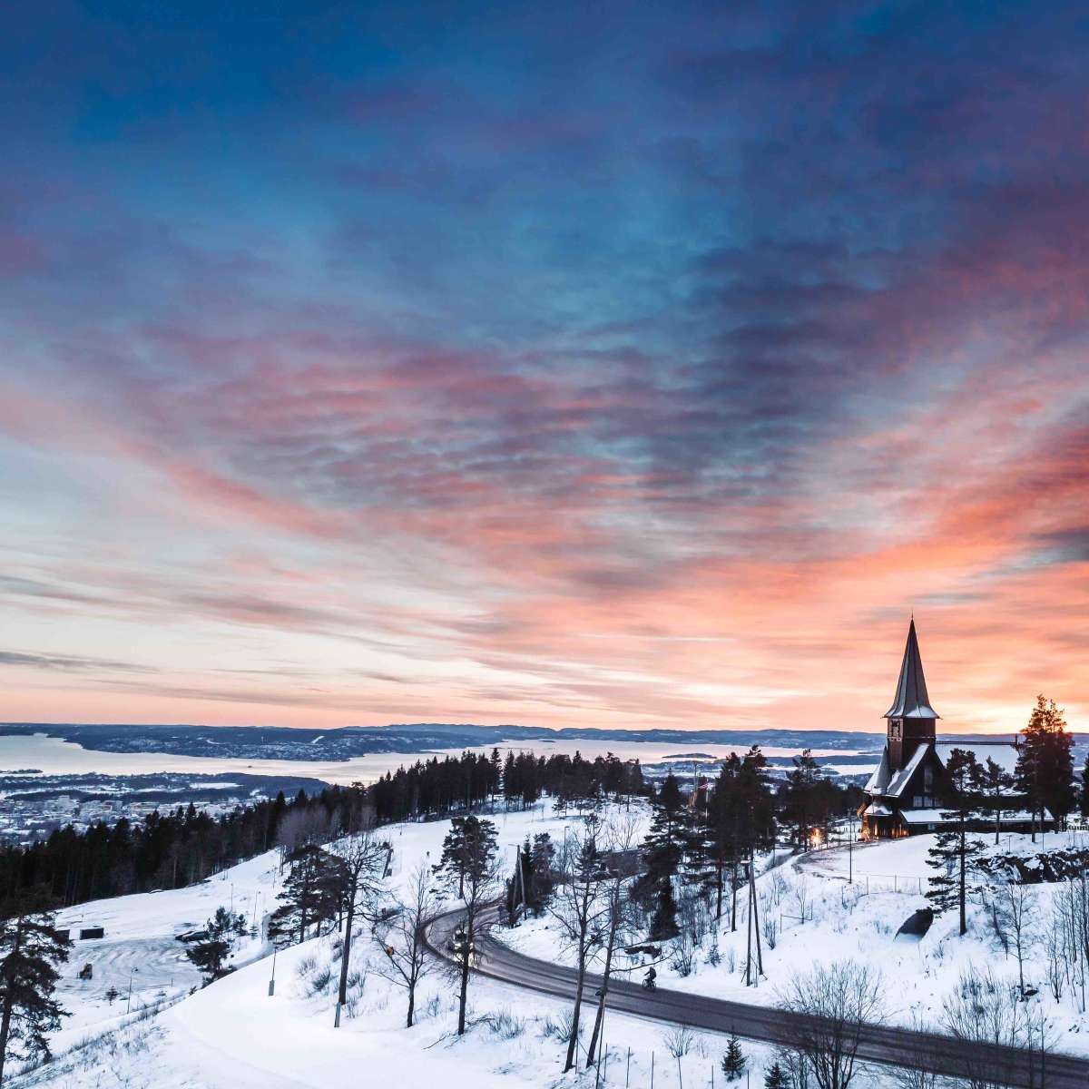 Beautiful Sunset on-top of a Ski jump overlooking Oslo. 