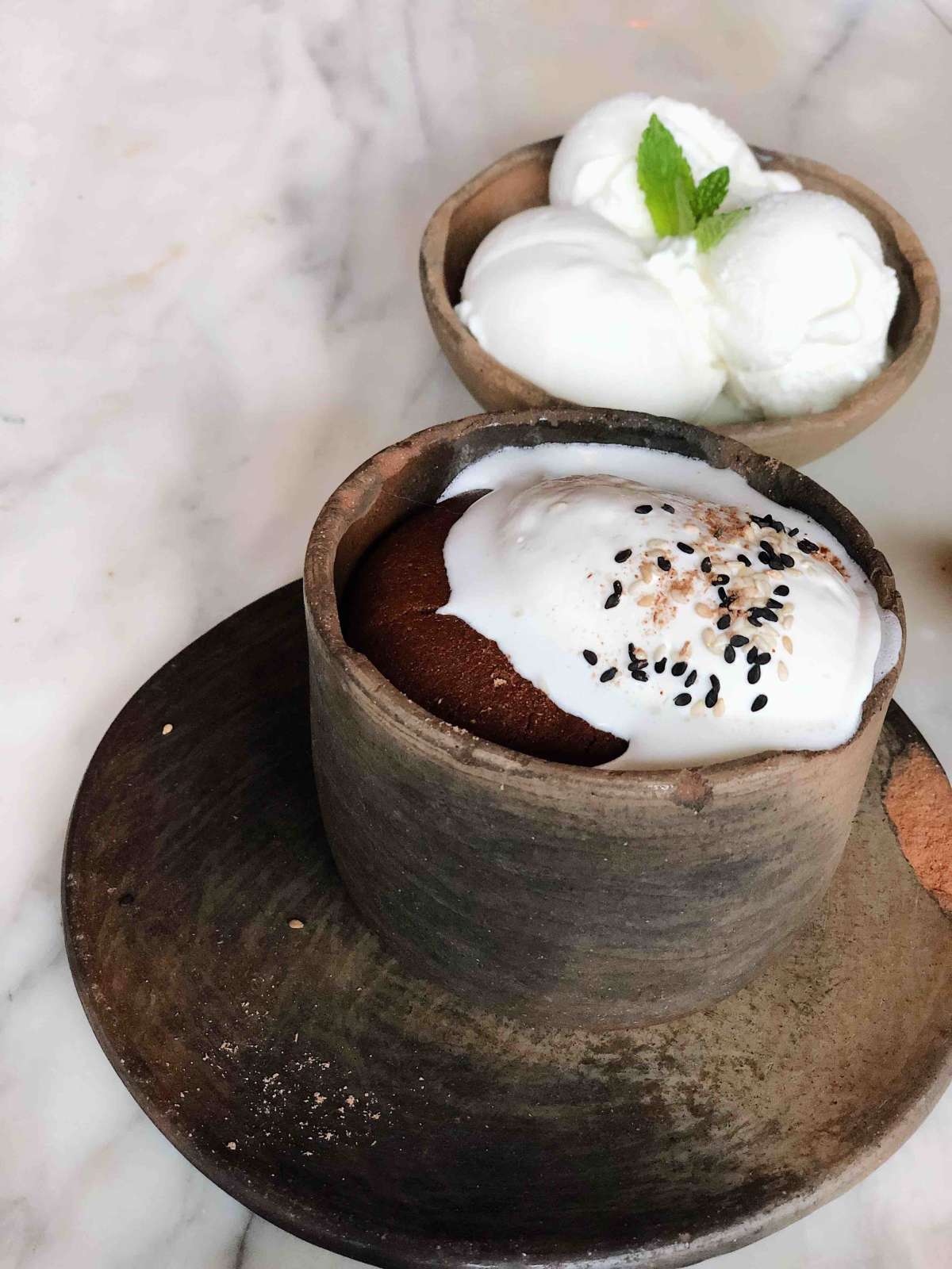 warm chocolate mole cake and mezcal gelato