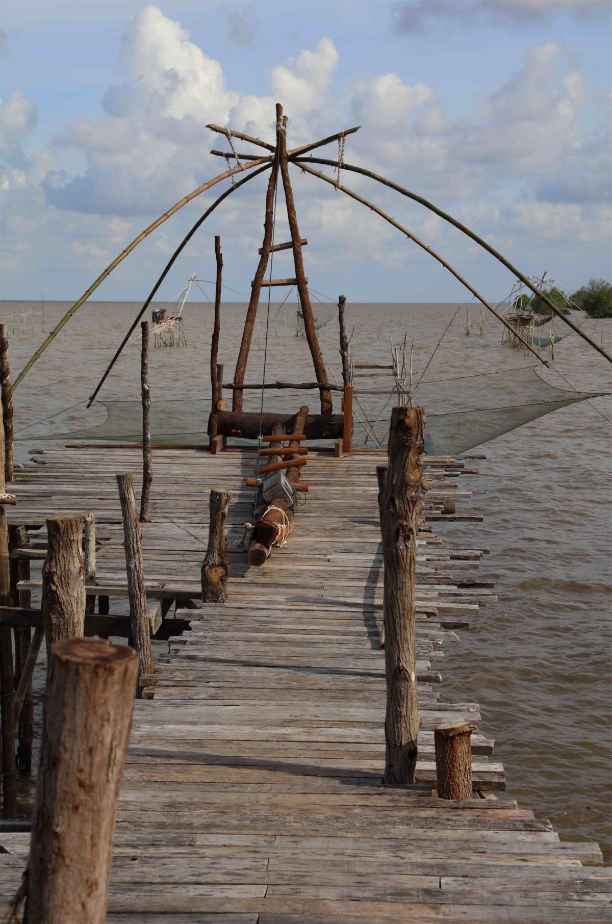 Morning scene and square dip net fishing gear at Pakpra village,  Phatthalung, Thailand. Stock Photo