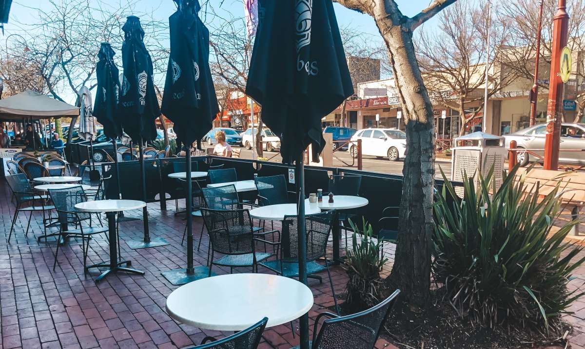 Front seating area along main street, where you can sit and watch people go by.