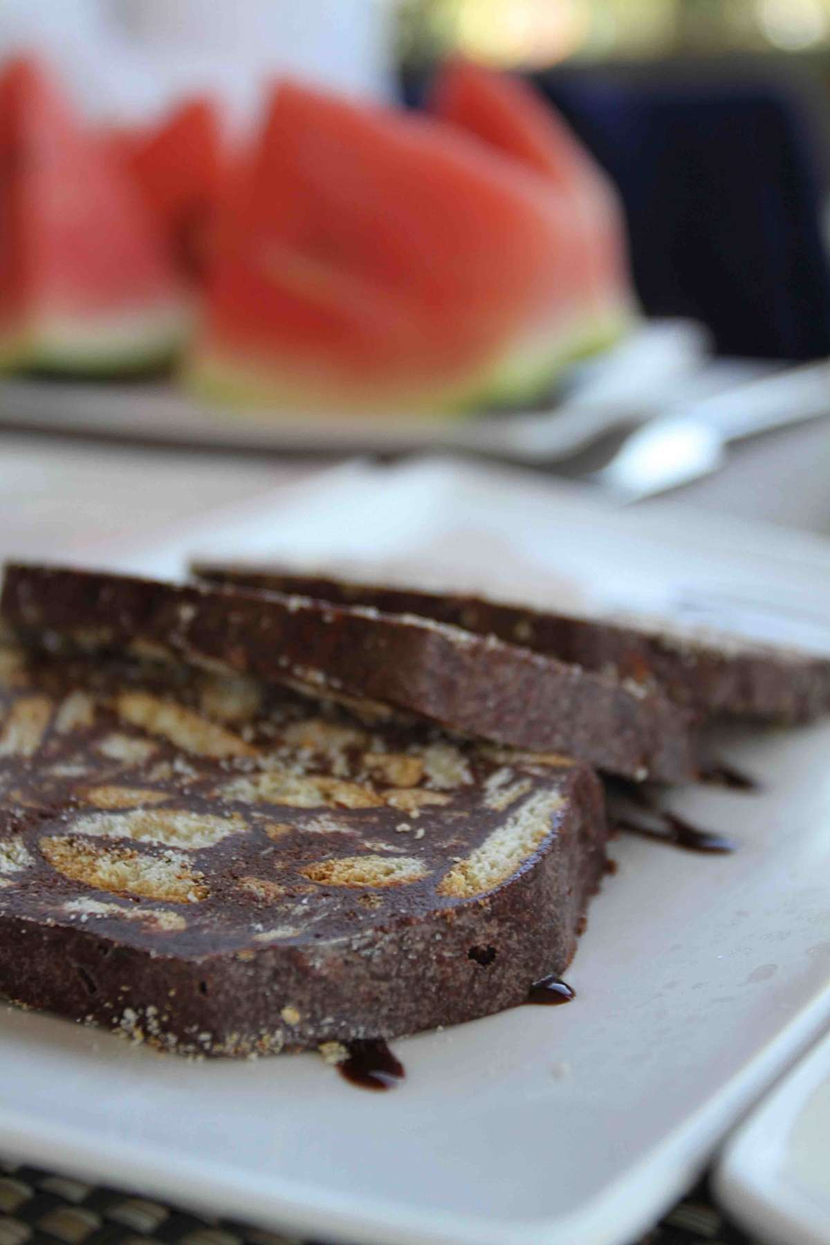 a sort of chocolate pate with crisp biscotti like pieces inside