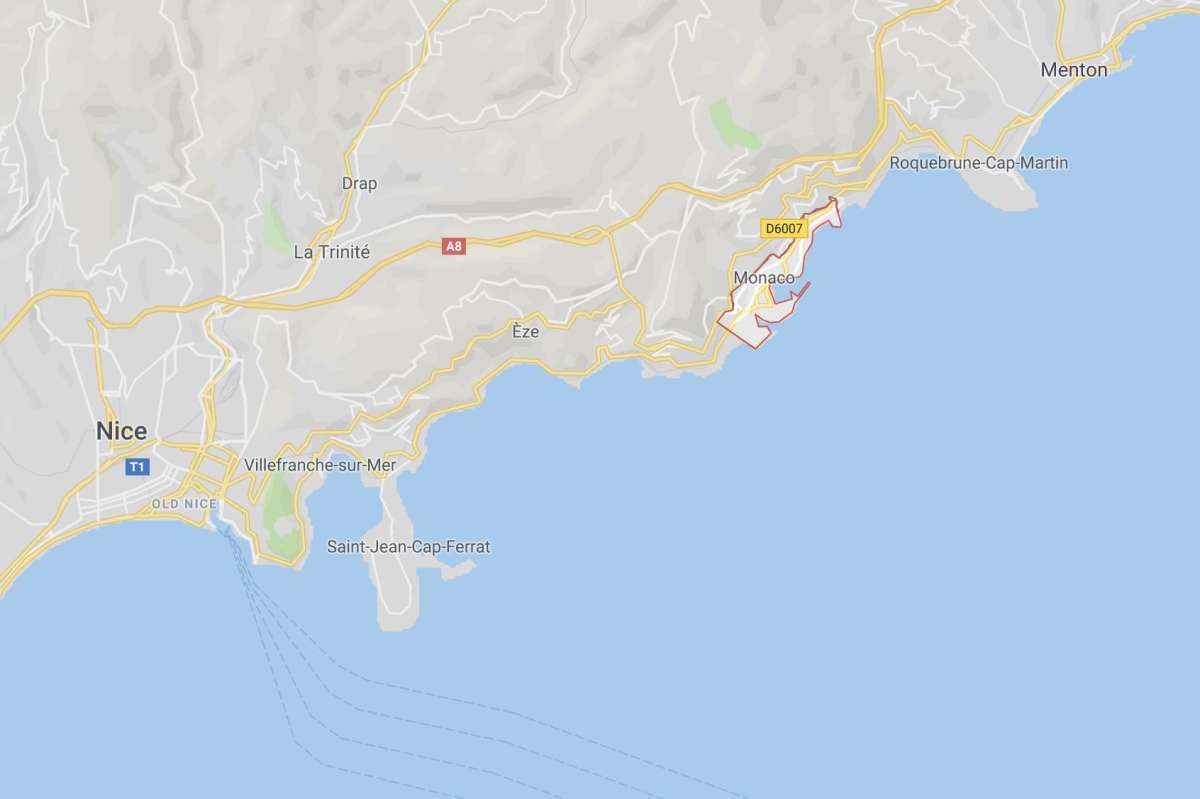 Just for a sense of scale and distance, here is a map highlighting Monaco, with Nice further west and Menton bordering on the East