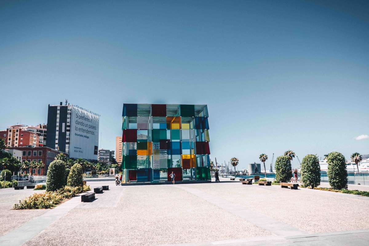the Pop-Up Pompidou is housed in El Cubo, a cuboid glass structure in Malaga port. It is an exhibition space housing over 80 works of art as well as  featuring dance, film and the spoken word.