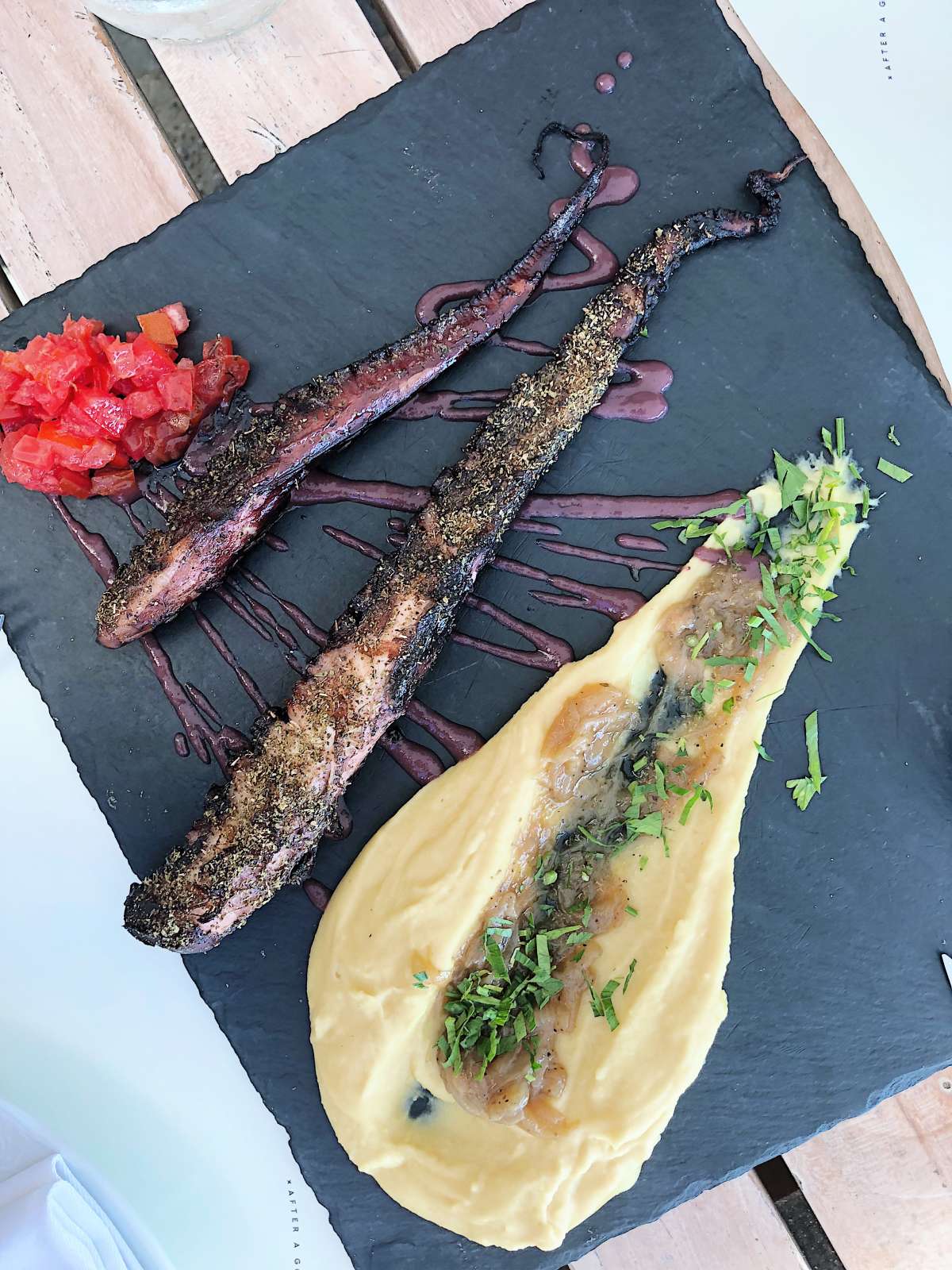 Grilled octopus and locally grown lava bean puree 