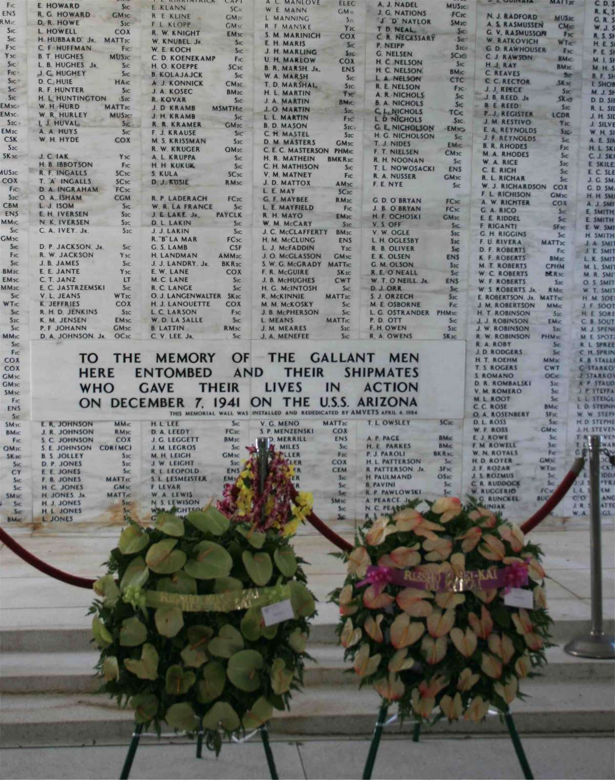 Names of over 1,100 persons who lost their  lives on the Arizona. 