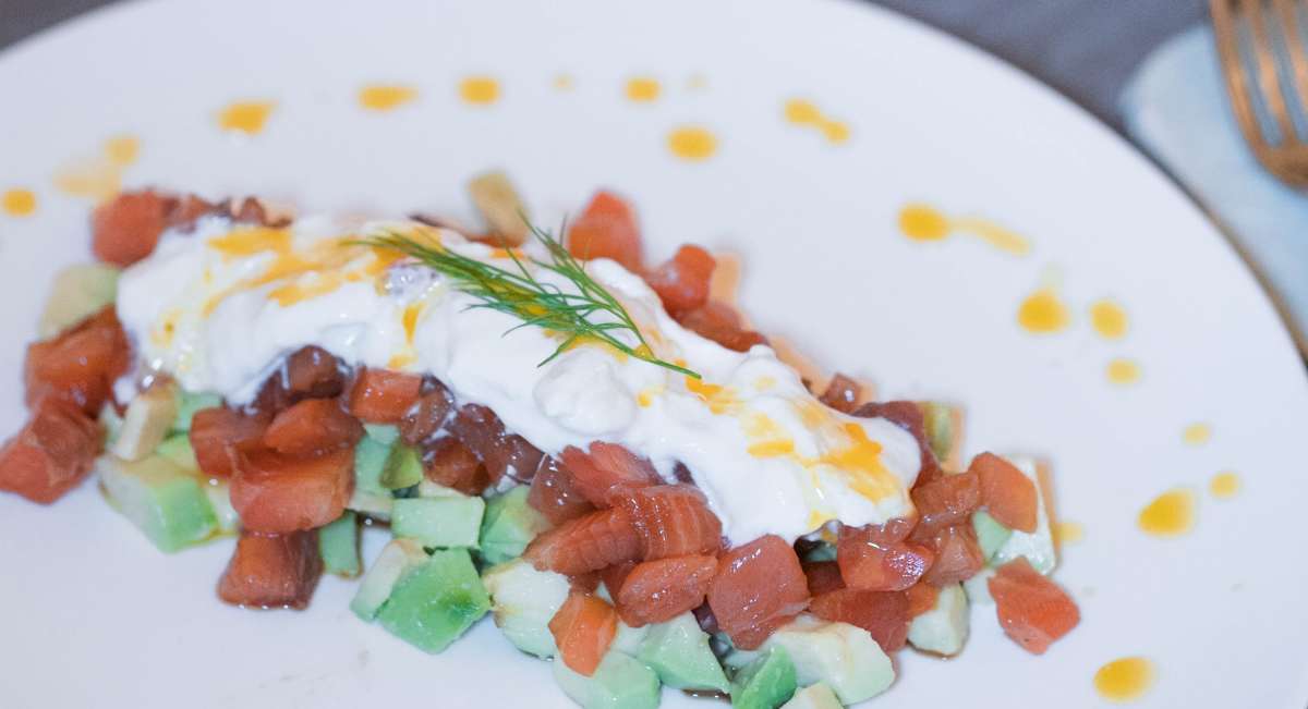 Salmon tartare, with avocado and burrata, Locanda CelestiAle, Bologna