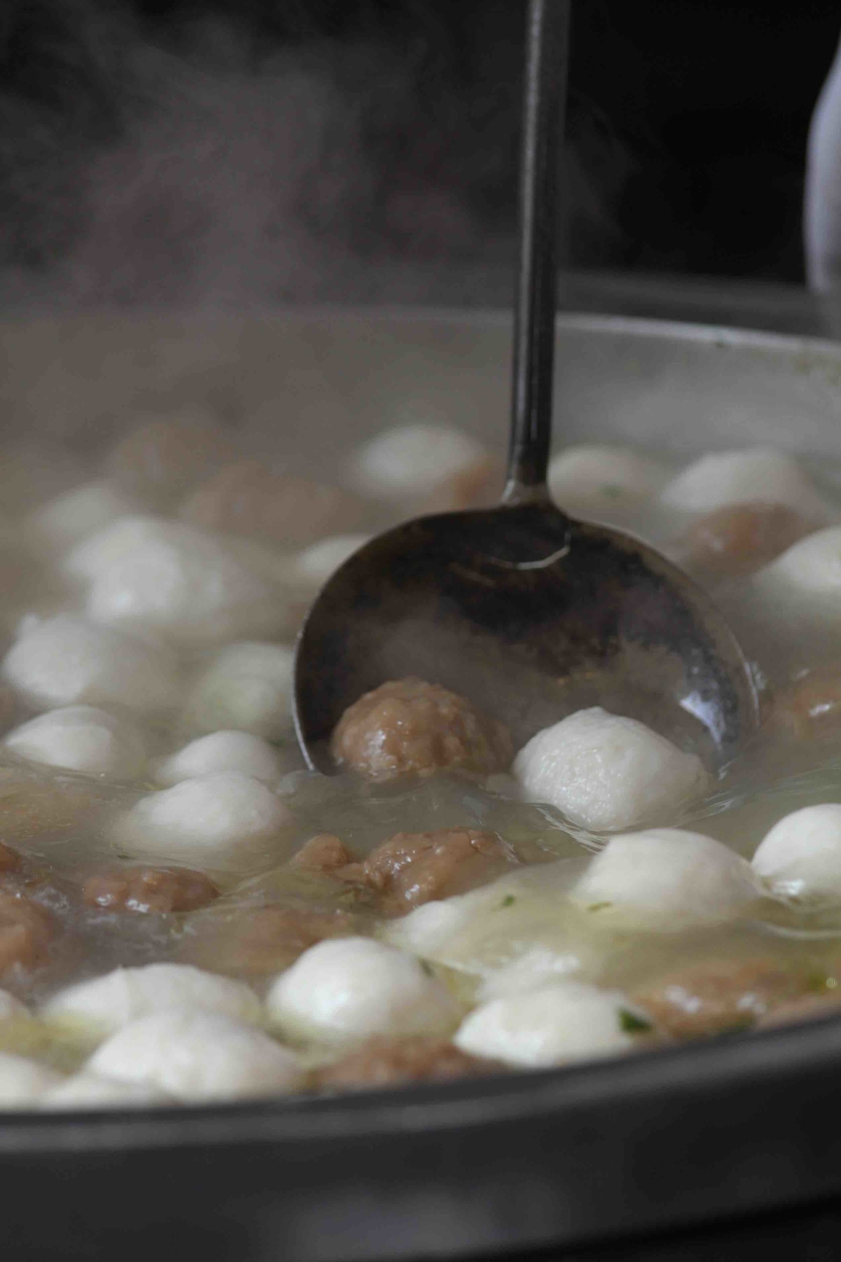 beef and fish balls in simmering broth