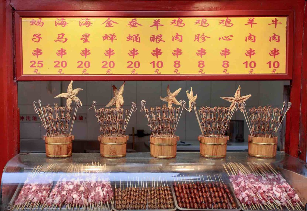 Several shops were selling various types of insects, bugs and seas creatures