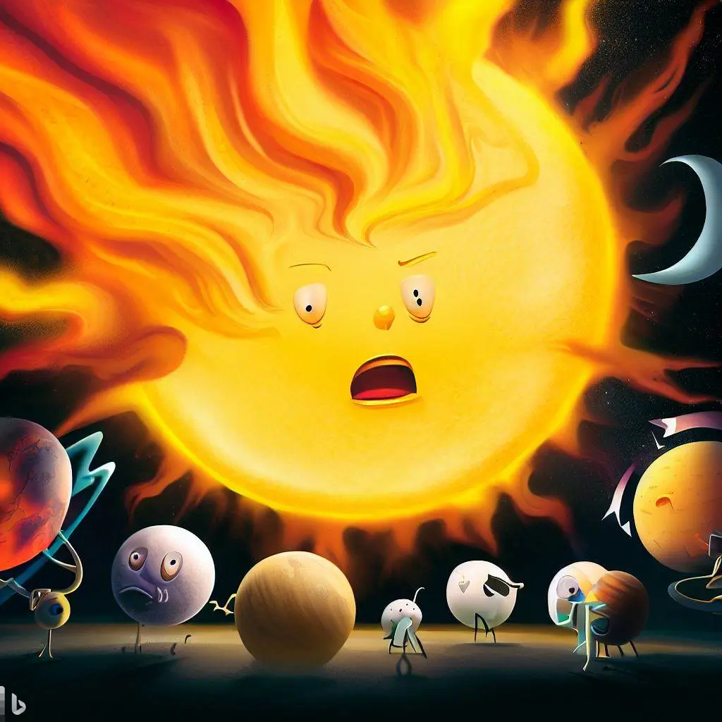 A dramatic illustration of the Sun, with fiery solar flares erupting from its surface, while the planets react with surprise and concern.