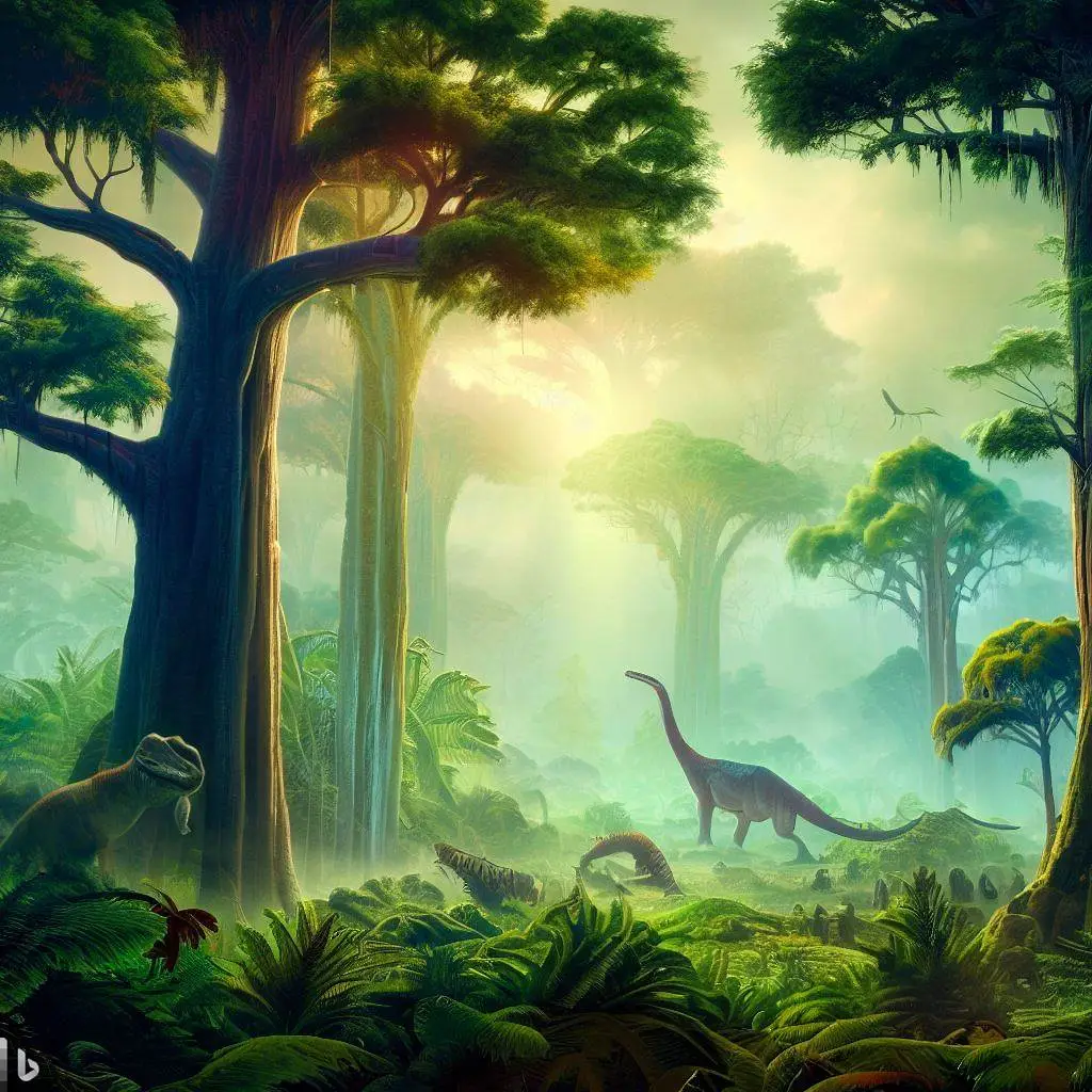 An image showcasing the lush prehistoric landscapes with towering trees, lush vegetation, and roaming dinosaurs, illustrating the diverse and awe-inspiring world of the past.