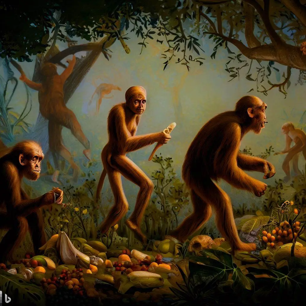 An image depicting Australopithecus individuals in their natural habitat, foraging for fruits and plants, displaying their bipedal locomotion and simple social interactions.