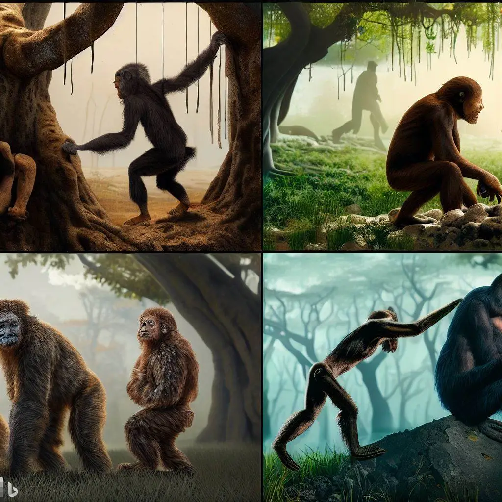 An image showcasing Australopithecus individuals in various environments, including both tree-dwelling and ground-dwelling scenarios, highlighting their adaptability and versatility.