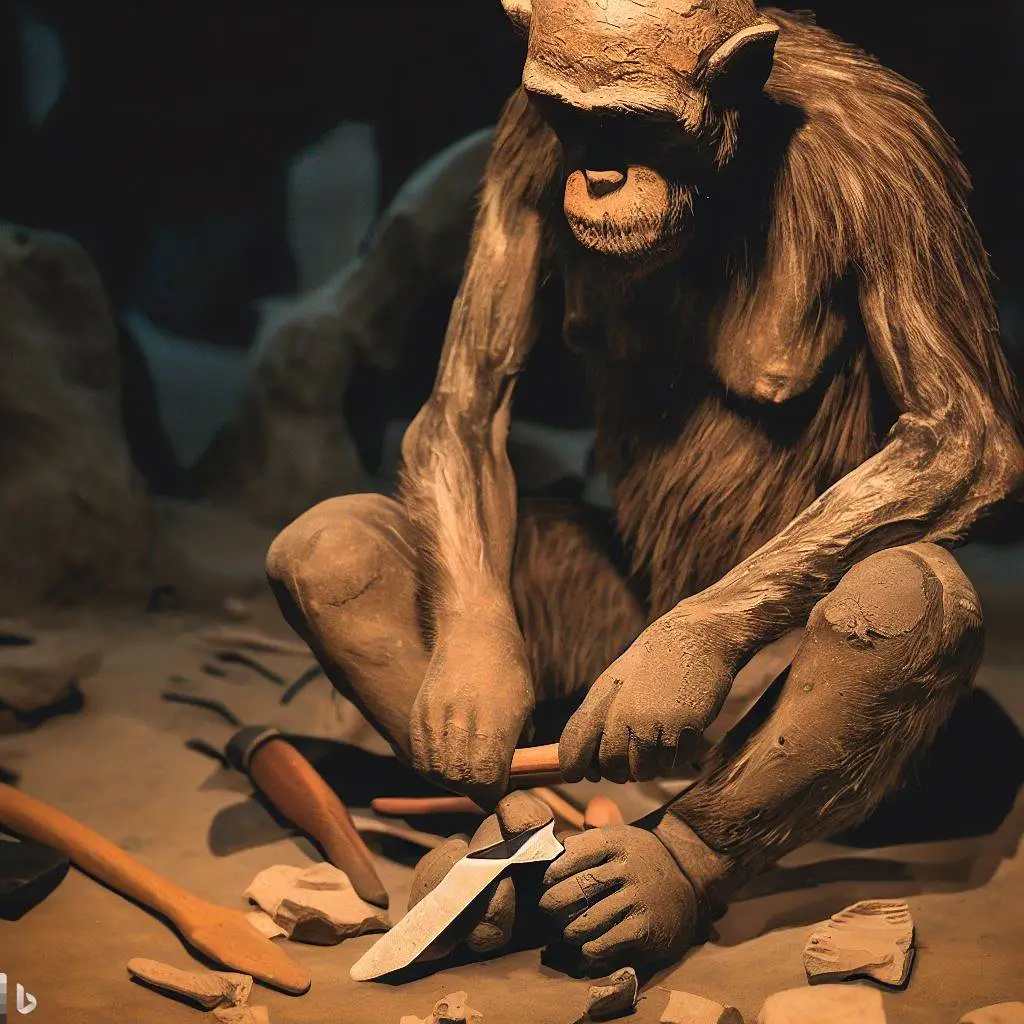 An illustration or depiction of Homo habilis individuals engaged in toolmaking activities, showcasing their dexterity and craftsmanship.