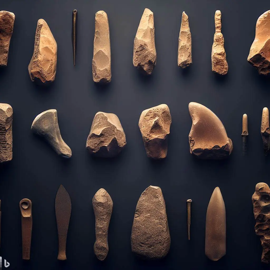 An image showcasing different types of stone tools created by Homo habilis, highlighting their functionality and versatility.