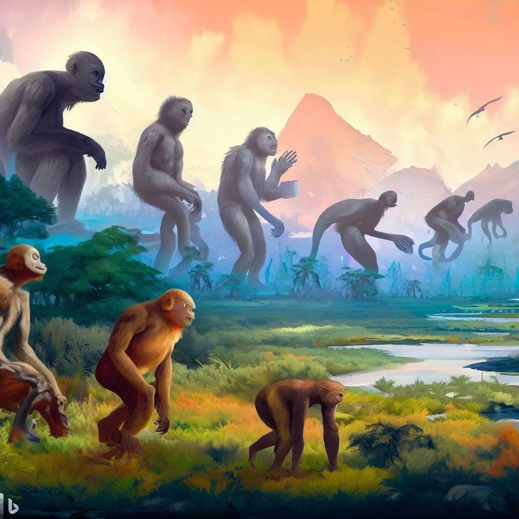 An artistic representation of Homo habilis individuals in diverse environments, such as forested areas, open plains, and near rivers or lakes, showcasing their ability to thrive in various ecosystems.
