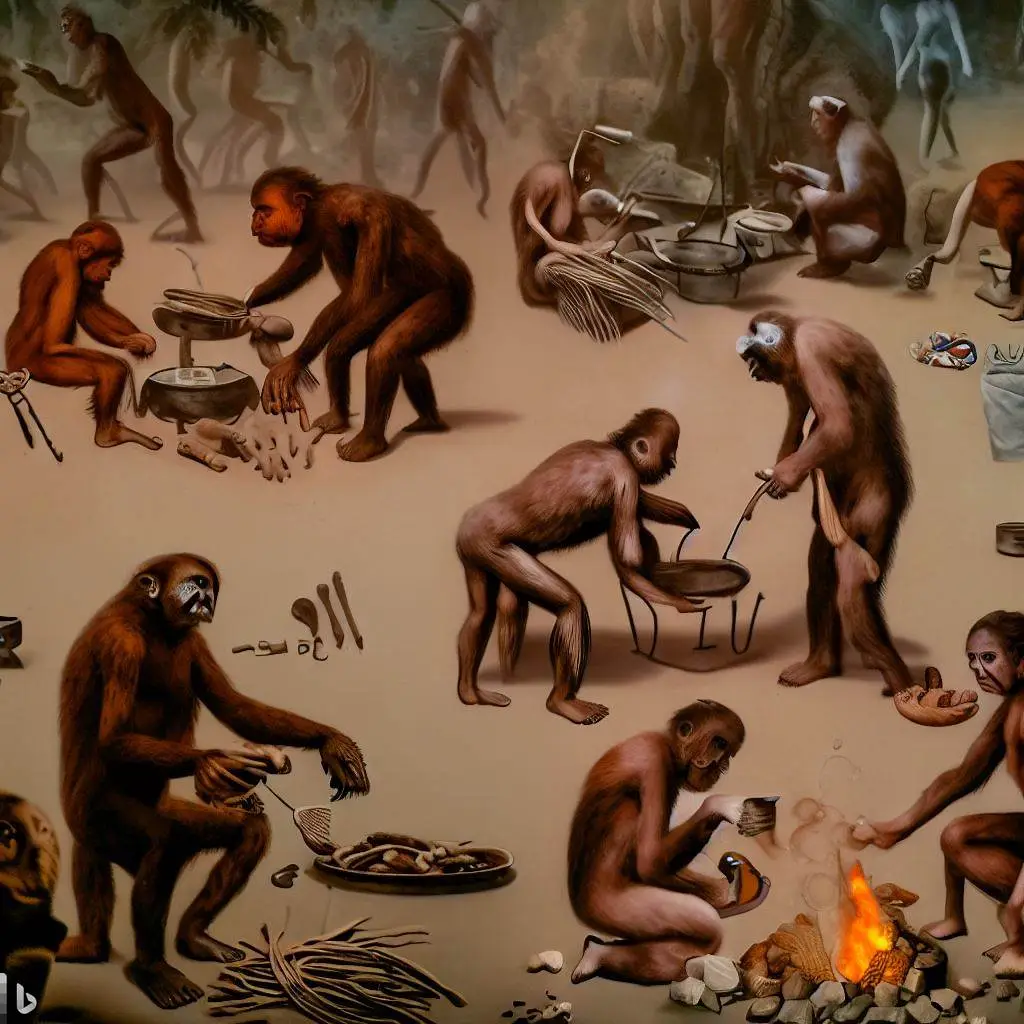 An image portraying Homo habilis individuals in a social context, engaging in activities such as toolmaking, food sharing, and communal living, depicting their basic social interactions.