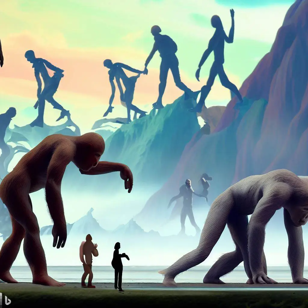 An artistic representation of Homo erectus individuals in different environments, showcasing their ability to adapt and explore diverse landscapes.