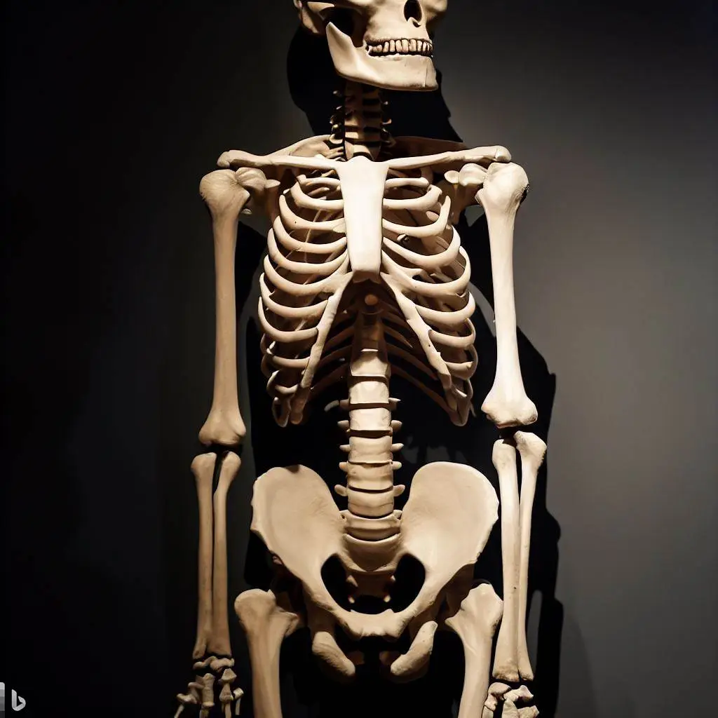 An image depicting the skeletal structure of Homo erectus, highlighting their unique physical features, such as their upright posture, long legs, and robust build.