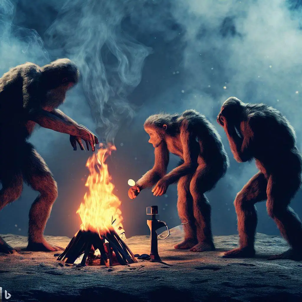 An illustration or depiction of Homo erectus individuals tending to a fire, highlighting the importance of fire in their daily lives.