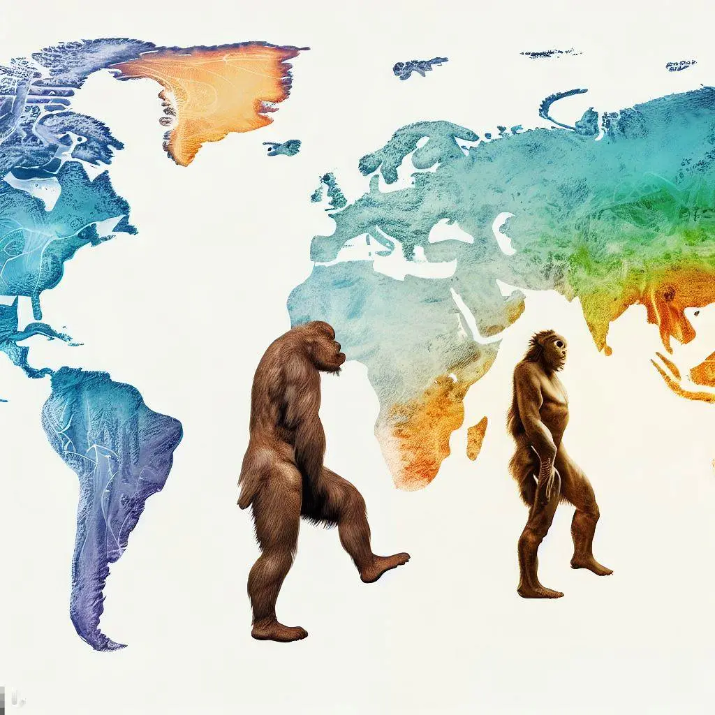 A map illustrating the dispersal of Homo erectus across different continents, showcasing the regions they inhabited and the routes they likely took during their migration.