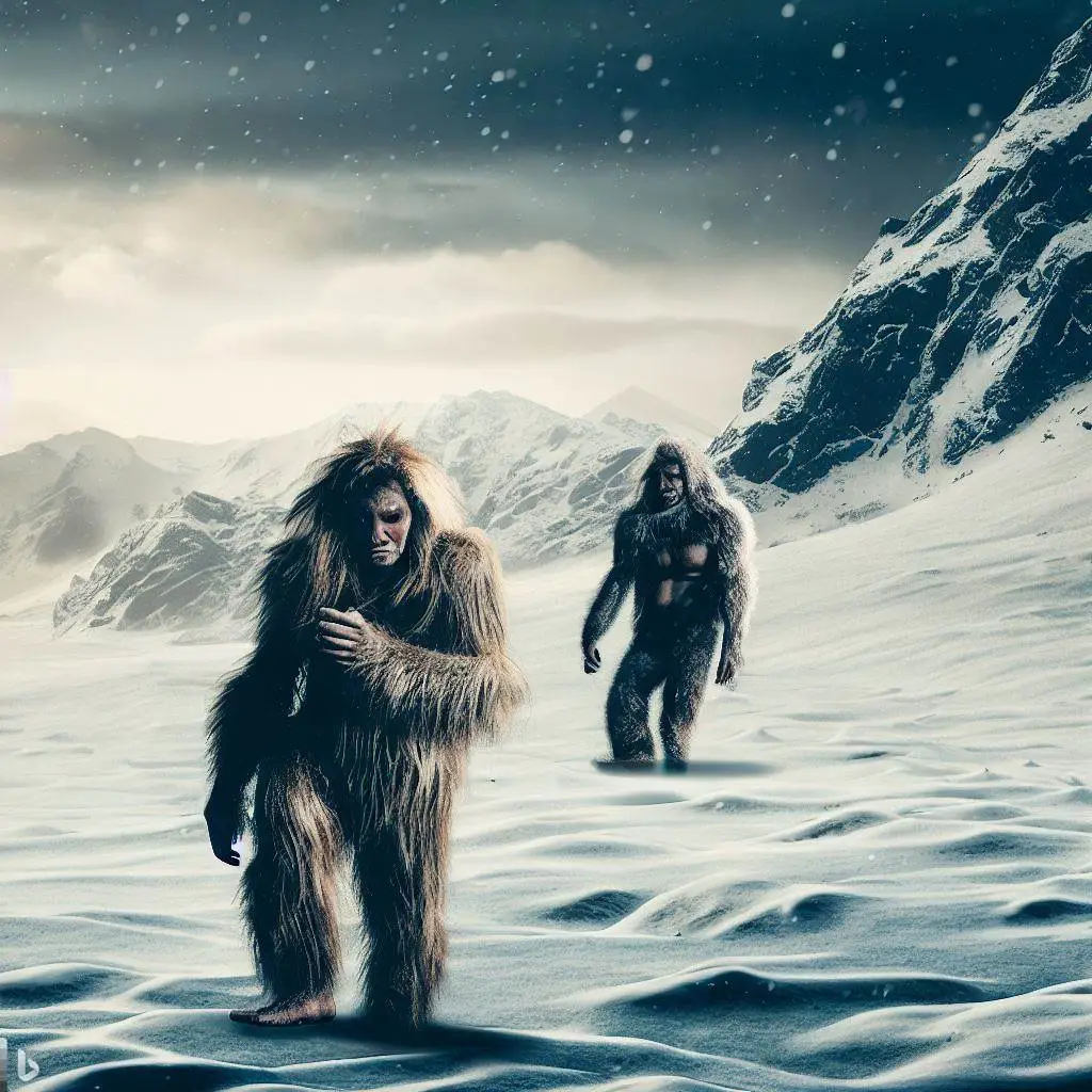 An image depicting Neanderthal individuals in a snowy landscape, emphasizing their physical adaptations for cold climates.