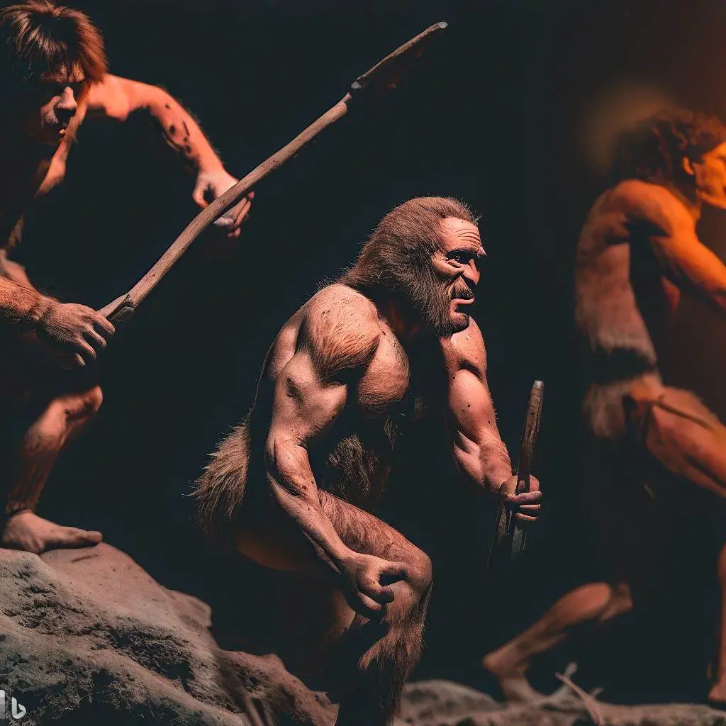An illustration or reconstruction showing Neanderthal individuals engaged in hunting activities, highlighting their physical strength and hunting techniques.
