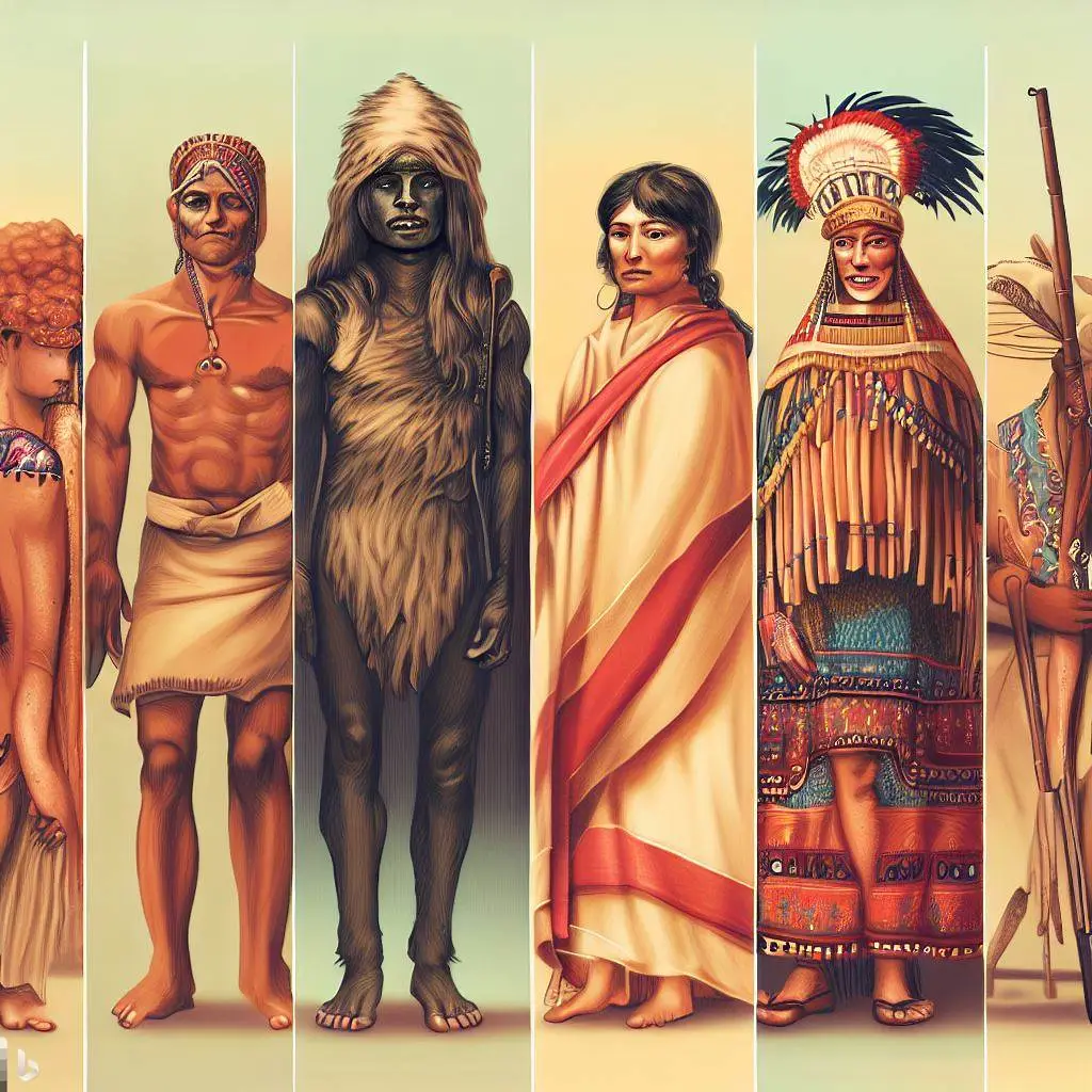An artistic representation of Homo sapiens in different cultural settings, showcasing the diversity of our species in terms of physical appearance, clothing, and adornments.
