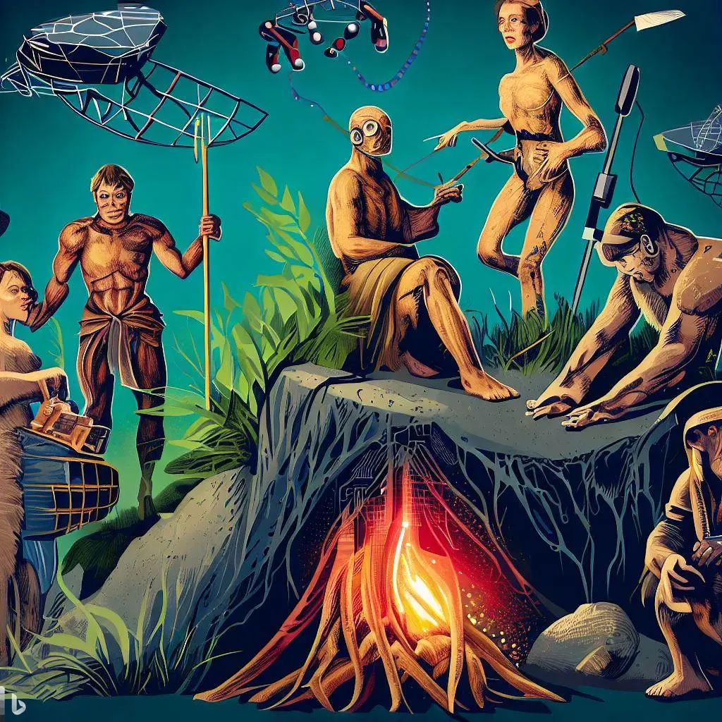 An illustration showcasing Homo sapiens using advanced tools and technologies for hunting, gathering, and resource management.